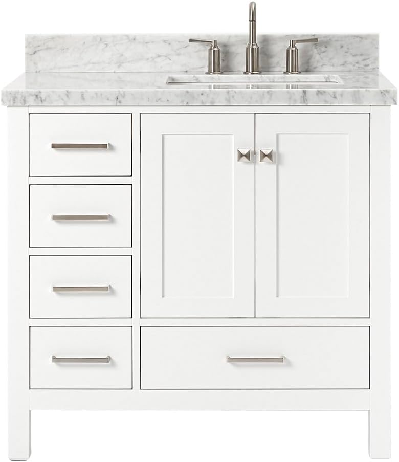 ARIEL Cambridge 36-inch Bathroom Vanity with Sink,Solid Wood, 1.5-inch Italian Carrara Marble Countertop, Single Rectangular Porcelain Sink, 2 Soft Closing Doors, 5 Dovetail Drawers, White