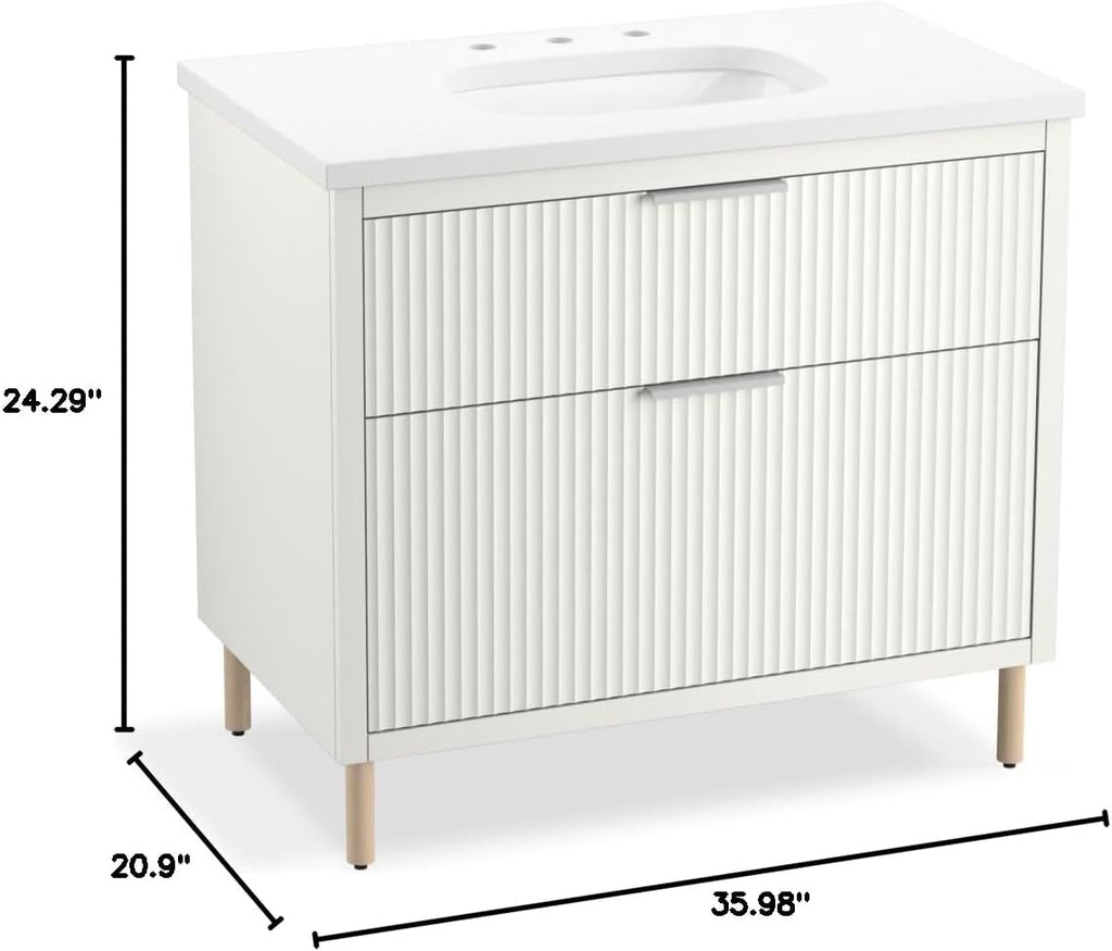 Kohler Spacity 36 Inch Wall-Hung Bathroom Vanity Cabinet with White Sink and Quartz Top, Modern Bathroom Storage, White, K-32171-ASB-0