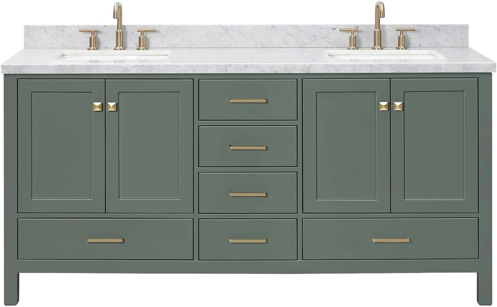 DKB Beckford 72-inch Vintage Green Bathroom Vanity with Left & Right Rectangle Double Sinks, Italian Carrara Marble Countertop & Backsplash, Solid Wood Frame, Soft-Closing & Dovetail Drawers