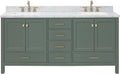 DKB Beckford 72-inch Vintage Green Bathroom Vanity with Left & Right Rectangle Double Sinks, Italian Carrara Marble Countertop & Backsplash, Solid Wood Frame, Soft-Closing & Dovetail Drawers