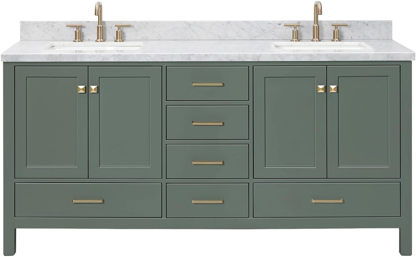 DKB Beckford 72-inch Vintage Green Bathroom Vanity with Left & Right Rectangle Double Sinks, Italian Carrara Marble Countertop & Backsplash, Solid Wood Frame, Soft-Closing & Dovetail Drawers