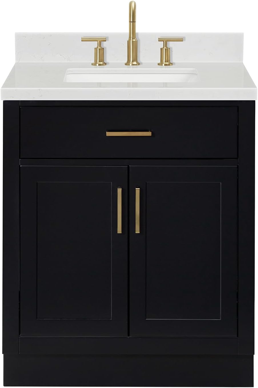 ARIEL Hepburn 30-inch Bathroom Vanity with Sink,Solid Wood, 1.5-inch Carrara White Quartz Countertop & Backsplash, Single Rectangular Porcelain Sink, 2 Soft Closing Doors, 1 Dovetail Drawers, Black
