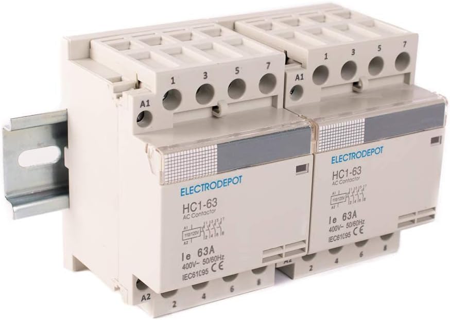 Electrodepot 40 Amp 8 Pole (4 Pole x 2) Normally Open, 110/120VAC Coil (Silent Operation), Motor Load 40A and Lighting Load 63A Contactor Bundle with DIN Rail, 35 x 150 mm and 2#10 Screws
