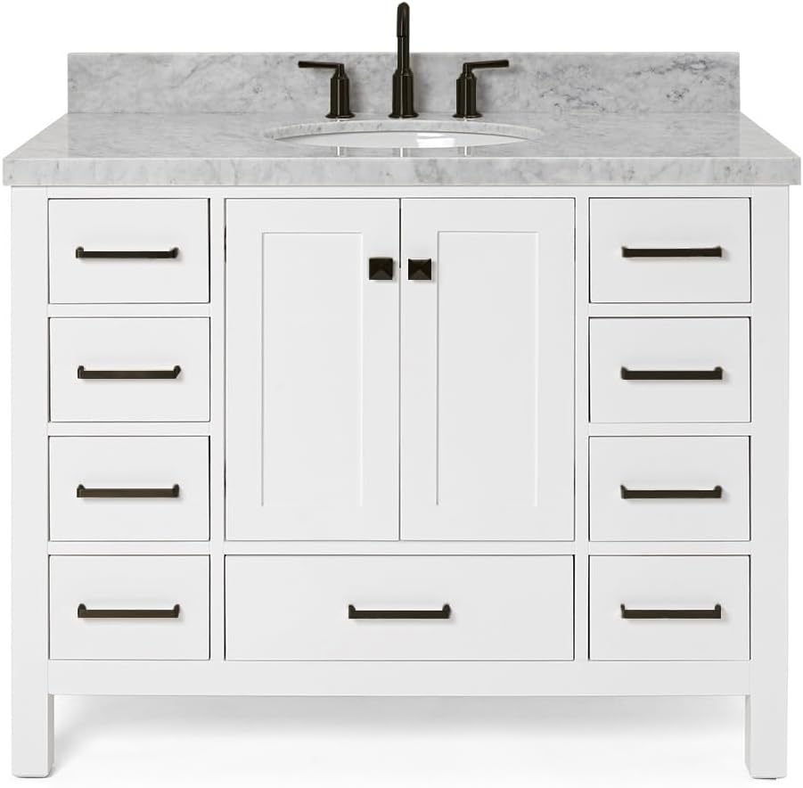 ARIEL Cambridge 42-inch Bathroom Vanity with Sink,Solid Wood, 1.5-inch Italian Carrara Marble Countertop & Backsplash, Single Oval Porcelain Sink, 2 Soft Closing Doors, 9 Dovetail Drawers, White