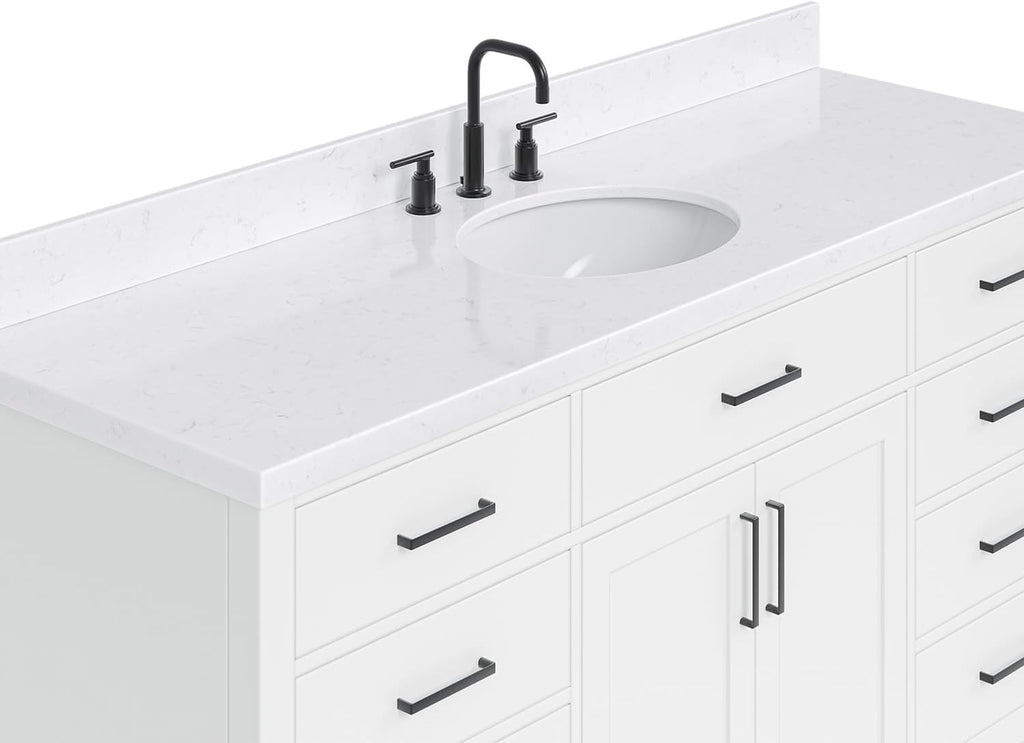 ARIEL Hepburn 66-inch Bathroom Vanity with Sink,Solid Wood, 1.5-inch Carrara White Quartz Countertop & Backsplash, Single Oval Porcelain Sink, 2 Soft Closing Doors, 9 Dovetail Drawers, White