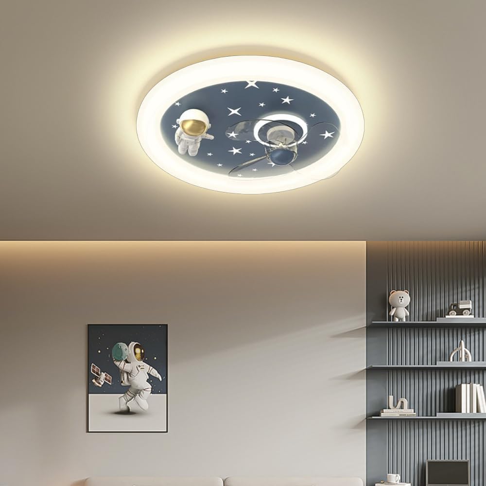 Cartoon Astronaut Kid's Room Ceiling Fans with Lights Children's Room Led Ceiling Lamp Creative Nursery Bedroom Ceiling Fan Lamp Dimmable for Boys Girls Room Ventilator Lamp 46W