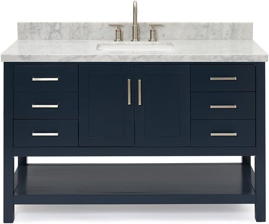 ARIEL Magnolia 54-inch Bathroom Vanity with Sink,Solid Wood, 1.5-inch Italian Carrara Marble Countertop, Single Rectangular Porcelain Sink, 2 Soft Closing Doors, 6 Dovetail Drawers, Midnight Blue