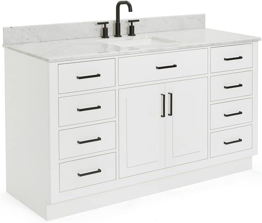 ARIEL Hepburn 60-inch Bathroom Vanity with Sink,Solid Wood, 0.75-inch Italian Carrara Marble Countertop, Single Rectangular Porcelain Sink, 2 Soft Closing Doors, 9 Dovetail Drawers, White