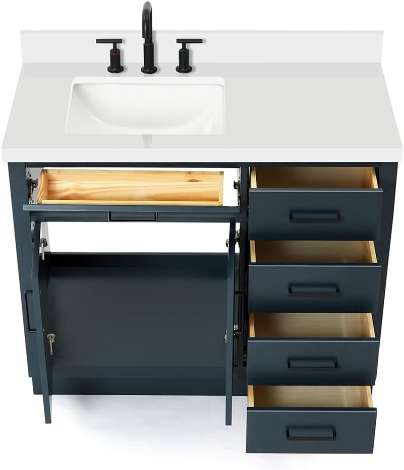ARIEL Hepburn 43' Inch Left Offset Rectangle Sink Vanity with 1.5' Edge Pure White Quartz Countertop in Midnight Blue