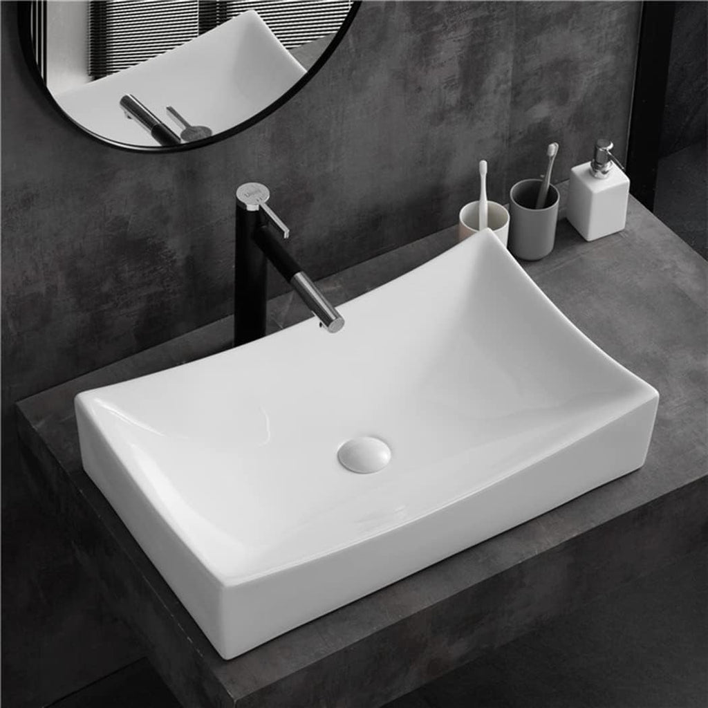 SouNor Rectangle Bathroom Vessel Sink Above Counter Square Bowl Countertop 25'x15' Inches Modern Contemporary Porcelain Big Large Ceramic Wash Lavatory Basin Rectangular Sinks White,25' (Large)