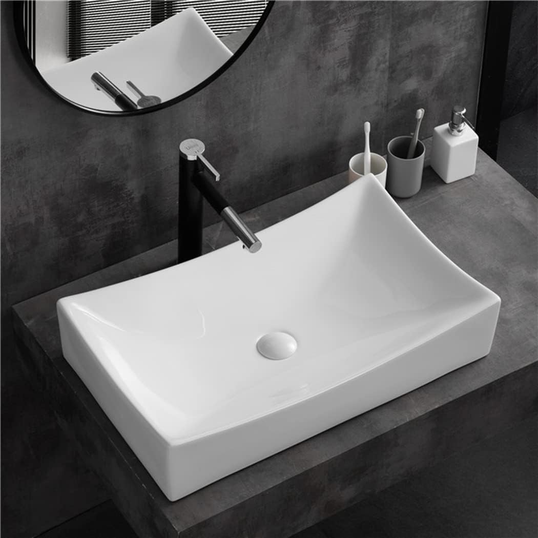 SouNor Rectangle Bathroom Vessel Sink Above Counter Square Bowl Countertop 25'x15' Inches Modern Contemporary Porcelain Big Large Ceramic Wash Lavatory Basin Rectangular Sinks White,25' (Large)