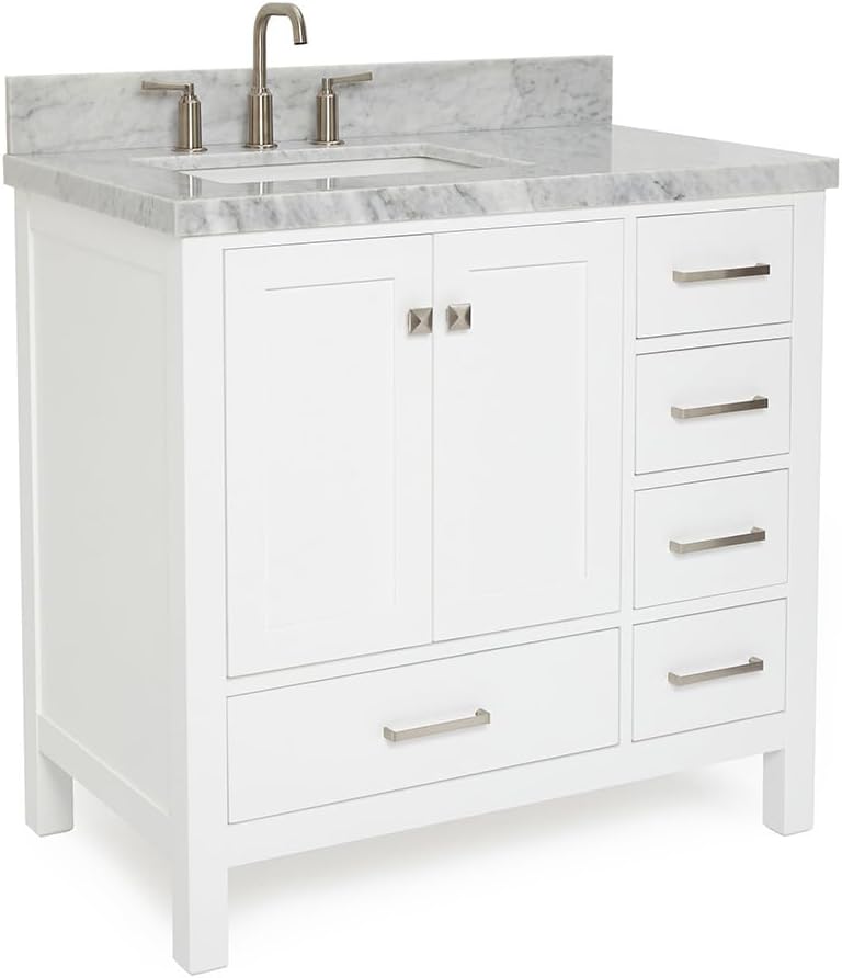 ARIEL Cambridge 36-inch Bathroom Vanity with Sink,Solid Wood, 1.5-inch Italian Carrara Marble Countertop, Single Rectangular Porcelain Sink, 2 Soft Closing Doors, 5 Dovetail Drawers, White