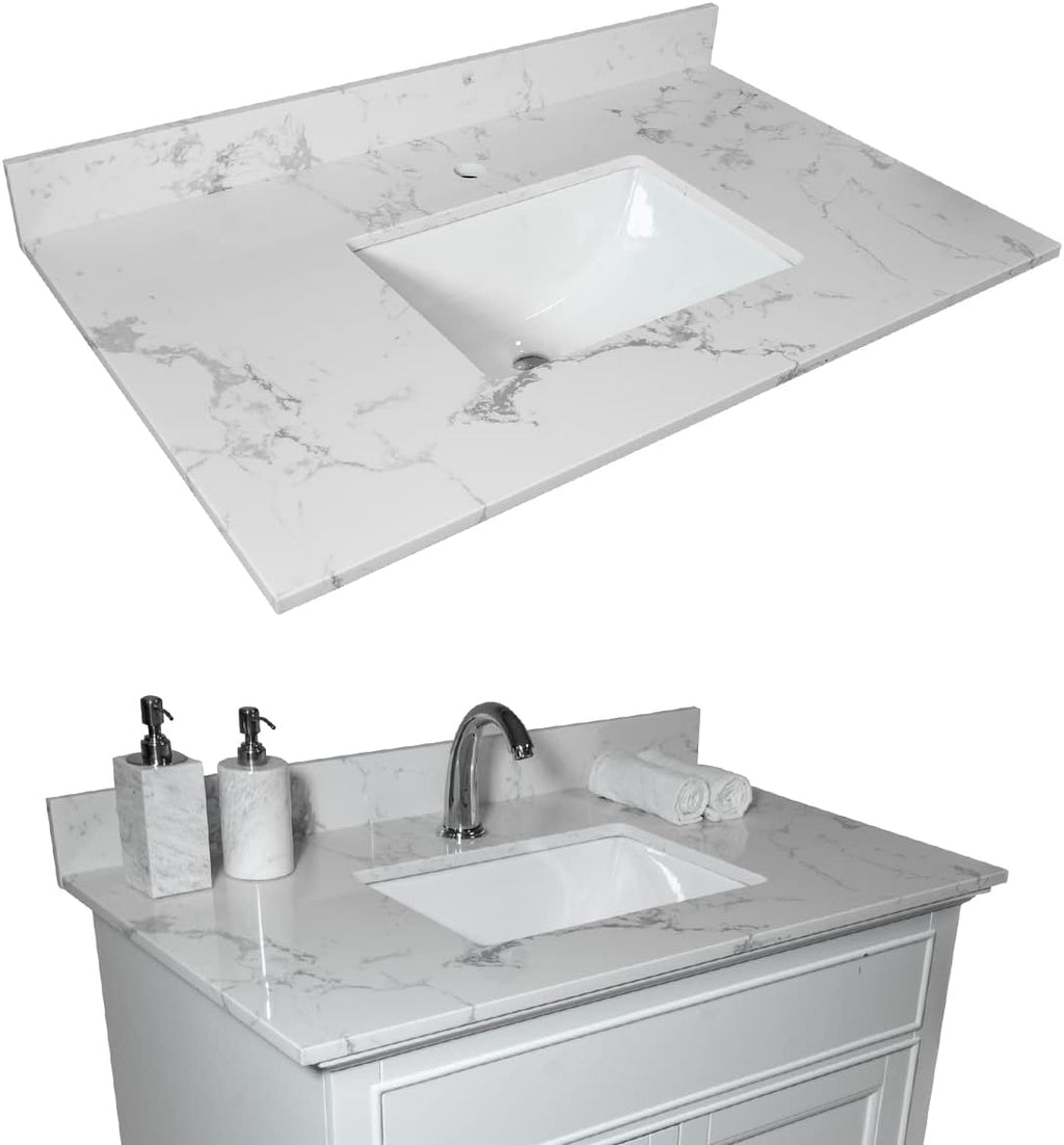 Marble White Stone Vanity Top - 1/3 Holes Vanity Sink Tops, Gorgeous Counter top with Ceramic Sink & Backsplash for Bathroom Kitchen, No Cabinet (31'-single hole)