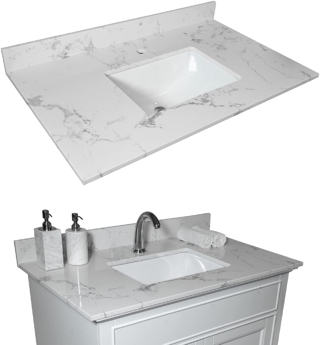 Marble White Stone Vanity Top - 1/3 Holes Vanity Sink Tops, Gorgeous Counter top with Ceramic Sink & Backsplash for Bathroom Kitchen, No Cabinet (31'-single hole)