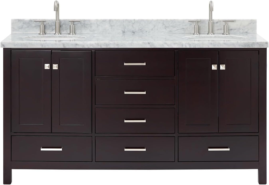 ARIEL Cambridge 66-inch Bathroom Vanity with Sink,Solid Wood, 1.5-inch Italian Carrara Marble Countertop & Backsplash, Double Oval Porcelain Sink, 4 Soft Closing Doors, 6 Dovetail Drawers, Espresso