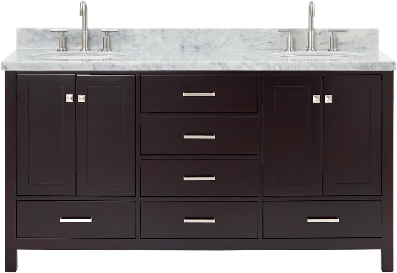 ARIEL Cambridge 66-inch Bathroom Vanity with Sink,Solid Wood, 1.5-inch Italian Carrara Marble Countertop & Backsplash, Double Oval Porcelain Sink, 4 Soft Closing Doors, 6 Dovetail Drawers, Espresso