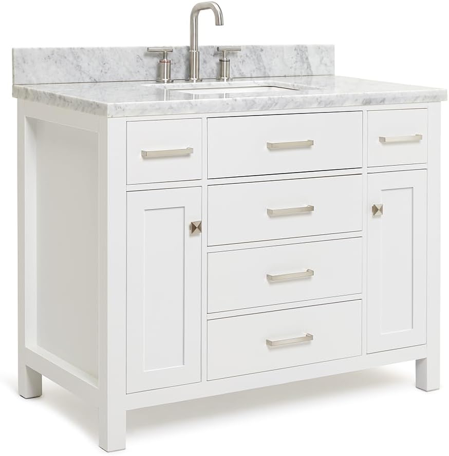 ARIEL 48' White Bathroom Vanity with Sink, 1.5' Edge Italian Carrara Marble Countertop, Rectangular Undermount Sink, 2 Soft Closing Doors, 5 Dovetail Drawers