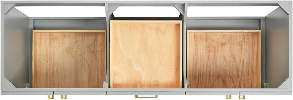DKB Emilia 66' Grey Double Bathroom Vanity with Sink, 1.5' Edge Italian Carrara Marble Countertop, Oval Undermount Sinks, 4 Soft Closing Doors, 6 Full Extension Dovetail Drawers, Satin Brass