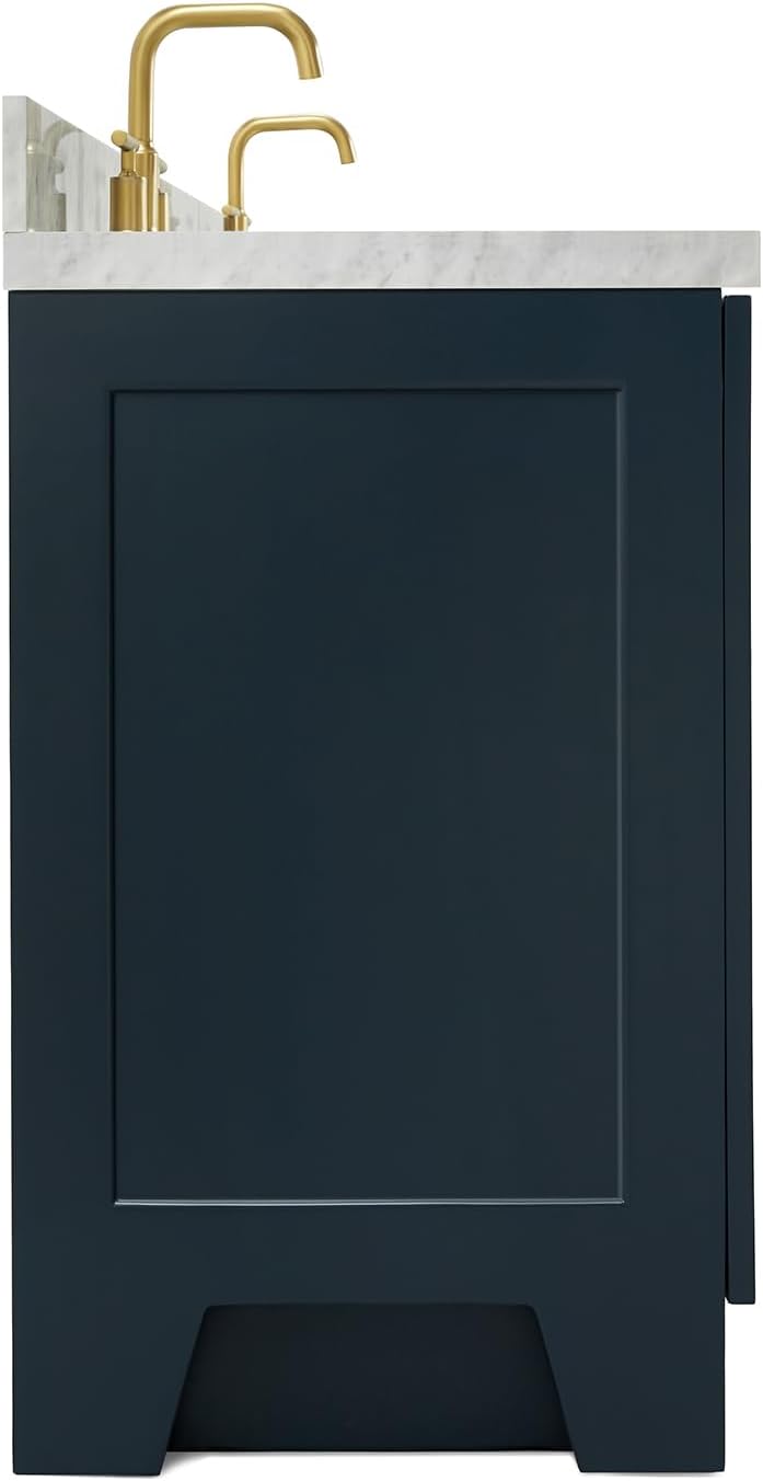 ARIEL Taylor 66-inch Bathroom Vanity with Sink,Solid Wood, 1.5-inch Italian Carrara Marble Countertop, Double Rectangular Porcelain Sink, 4 Soft Closing Doors, 5 Dovetail Drawers, Midnight Blue