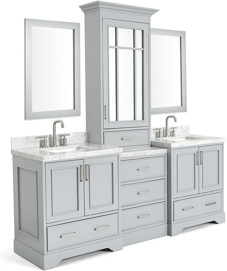 ARIEL Stafford 84-inch Bathroom Vanity with Sink,Solid Wood, 1.5-inch Italian Carrara Marble Countertop, Double Rectangular Porcelain Sink, 5 Soft Closing Doors, 6 Dovetail Drawers, Grey
