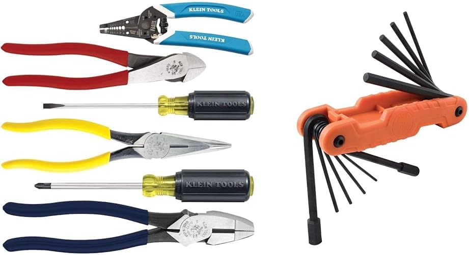 Klein Tools 80080 Hand Tool Kit includes 2 Screwdrivers, 3 Pliers, Wire Stripper and Cutter, for Electricians, 6-Piece & 70550 Hex Wrench Key Set, 11 SAE Sizes, Heavy Duty Folding Allen Wrench Tool