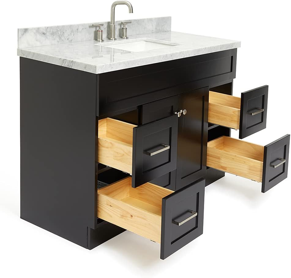 ARIEL Hamlet 48-inch Bathroom Vanity with Sink,Solid Wood, 1.5-inch Italian Carrara Marble Countertop, Single Rectangular Porcelain Sink, 2 Soft Closing Doors, 4 Dovetail Drawers, Black