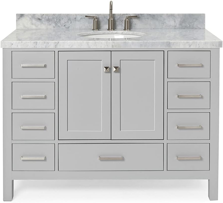 ARIEL Cambridge 48-inch Bathroom Vanity with Sink,Solid Wood, 1.5-inch Italian Carrara Marble Countertop & Backsplash, Single Oval Porcelain Sink, 2 Soft Closing Doors, 9 Dovetail Drawers, Grey