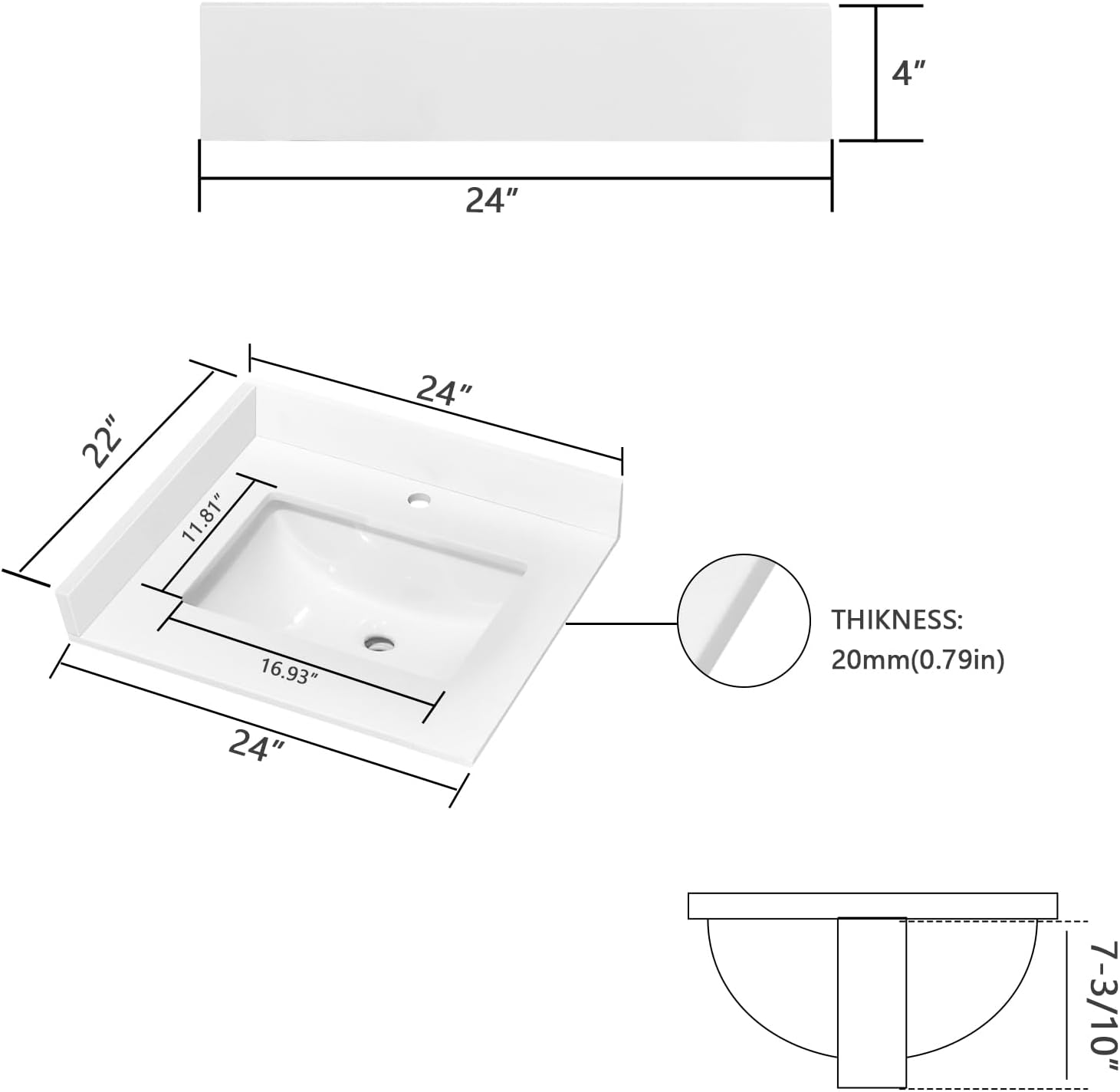 24' x 22' Vanity Top, Quartz Vanity Sink Top in Pure White, with One Sidesplash & One Backsplash, with Undermounted Rectangular Sink,Single Faucet Hole for Vanity Top with Sink