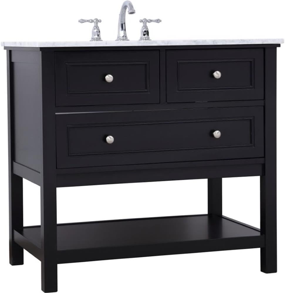 Pemberly Row Contemporary 36' Bathroom Vanity, Solid Poplar Wood Base, Carrara White Marble Top, Hand-Painted Black Finish, Porcelain Undermount Sink, Soft-Close Drawer, Storage Shelf, Free-Standing