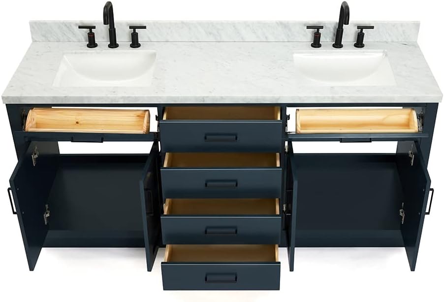 DKB Isabella 72 Inch Bathroom Vanity Double Sink — Midnight Blue Bathroom Vanity with Sink, 1.5' Edge Italian Carrara Marble Countertop, 4 Soft-Close Doors, 4 Dovetail Drawers, and 2 Tilt Drawers