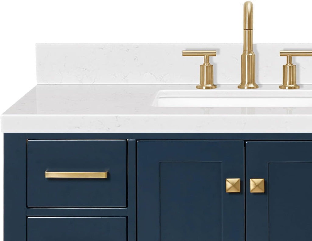 ARIEL Cambridge 42-inch Bathroom Vanity with Sink,Solid Wood, 1.5-inch Carrara White Quartz Countertop, Single Rectangular Porcelain Sink, 2 Soft Closing Doors, 9 Dovetail Drawers, Midnight Blue
