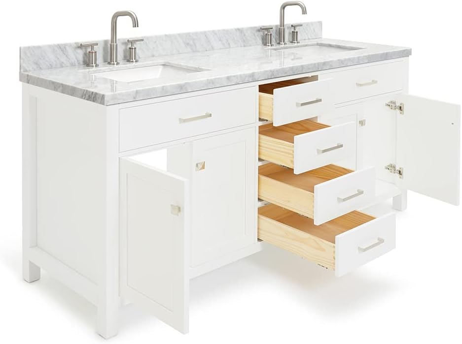 DKB Alenza 72 Inch Bathroom Vanity Double Sink — White Bathroom Vanity with Sink, 1.5' Edge Italian Carrara Marble Countertop & Backsplash, 4 Soft-Close Doors, 4 Dovetail Drawers