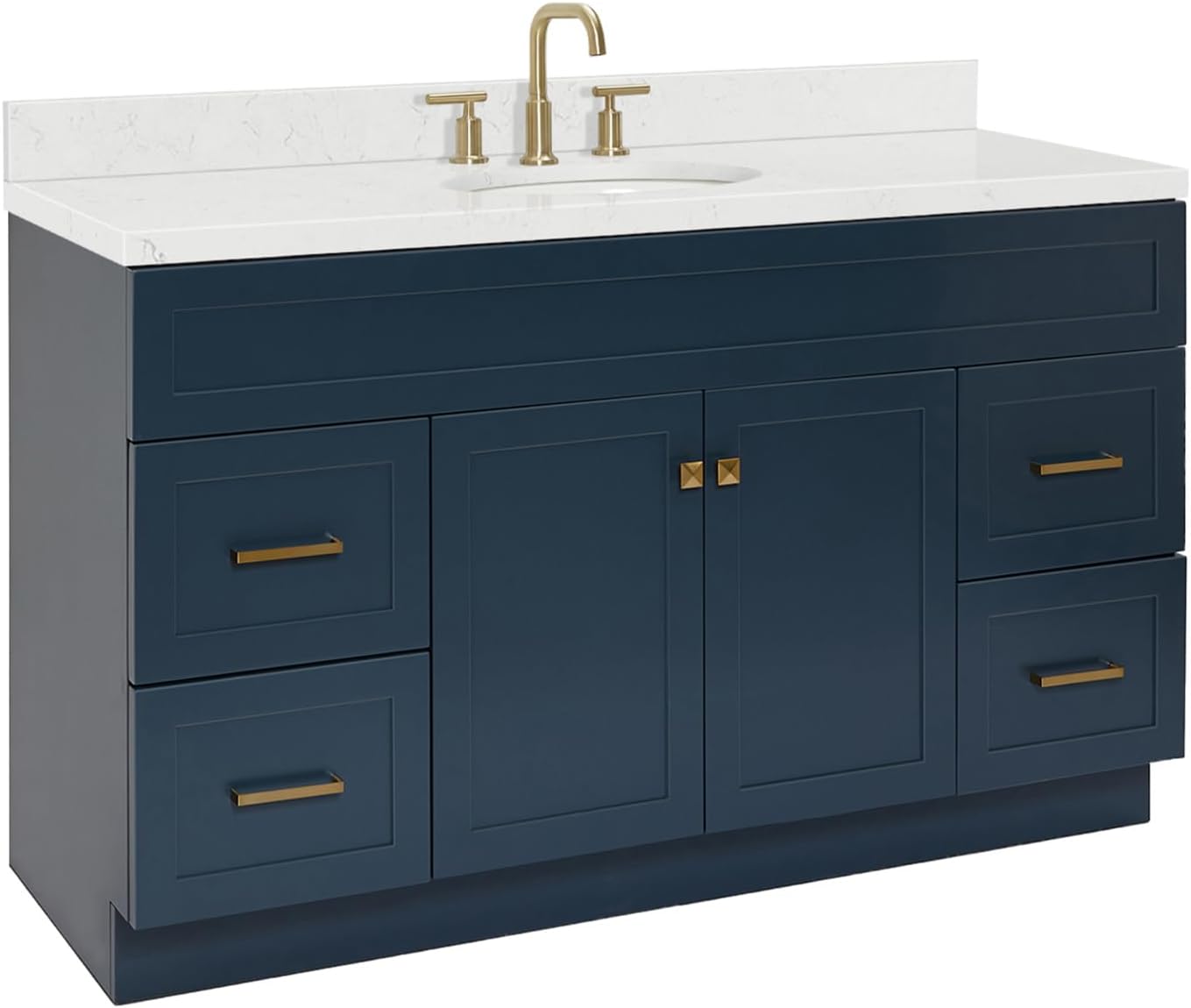 ARIEL Hamlet 60-inch Bathroom Vanity with Sink,Solid Wood, 1.5-inch Carrara White Quartz Countertop & Backsplash, Single Oval Porcelain Sink, 2 Soft Closing Doors, 4 Dovetail Drawers, Midnight Blue