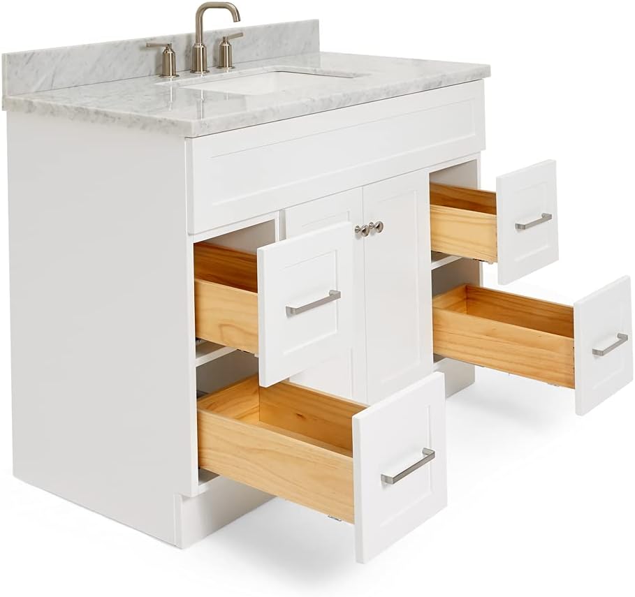 ARIEL 48-Inch Midnight Blue Bathroom Vanity with Sink, 1.5' Pure White Quartz Countertop & Backsplash, Rectangular Sink, 2 Soft Closing Doors, 4 Dovetail Drawers, Toe Kick, Satin Brass