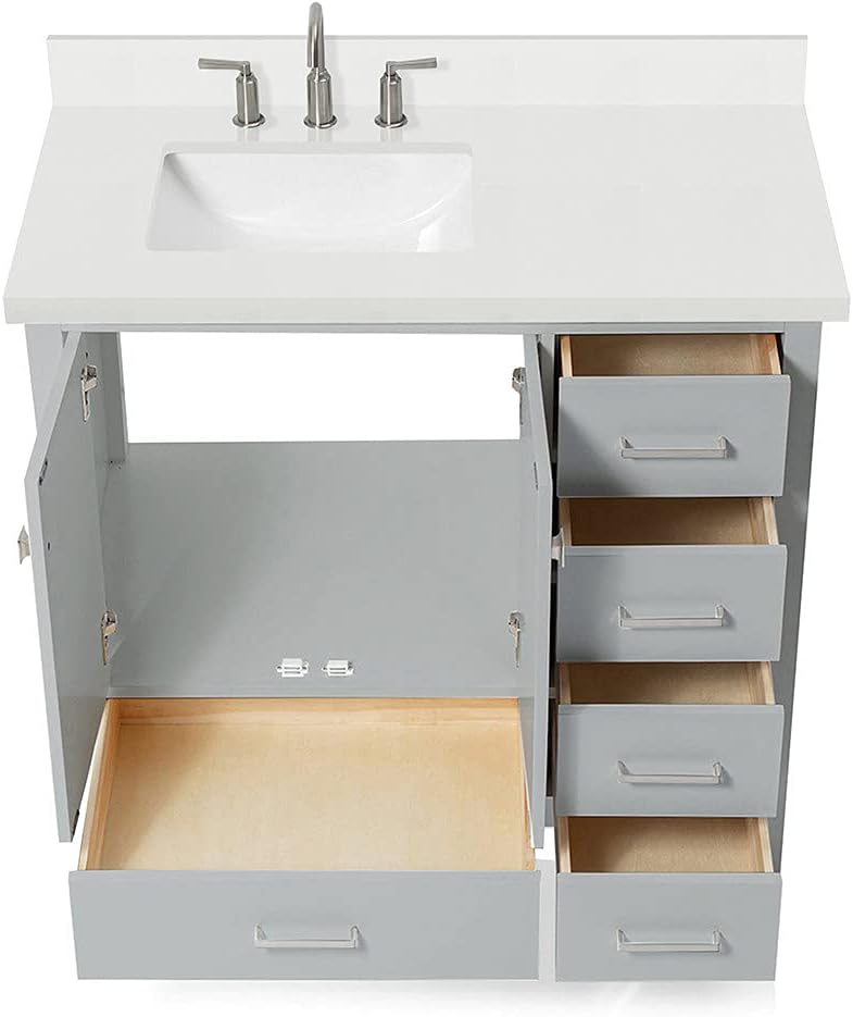 DKB Beckford 42-Inch Grey Bathroom Vanity with Sink, 1.5-Inch Pure White Quartz Countertop & Backsplash, Left Rectangular Undermount Sink, 2 Soft Closing Doors, 5 Dovetail Drawers, Brushed Nickel