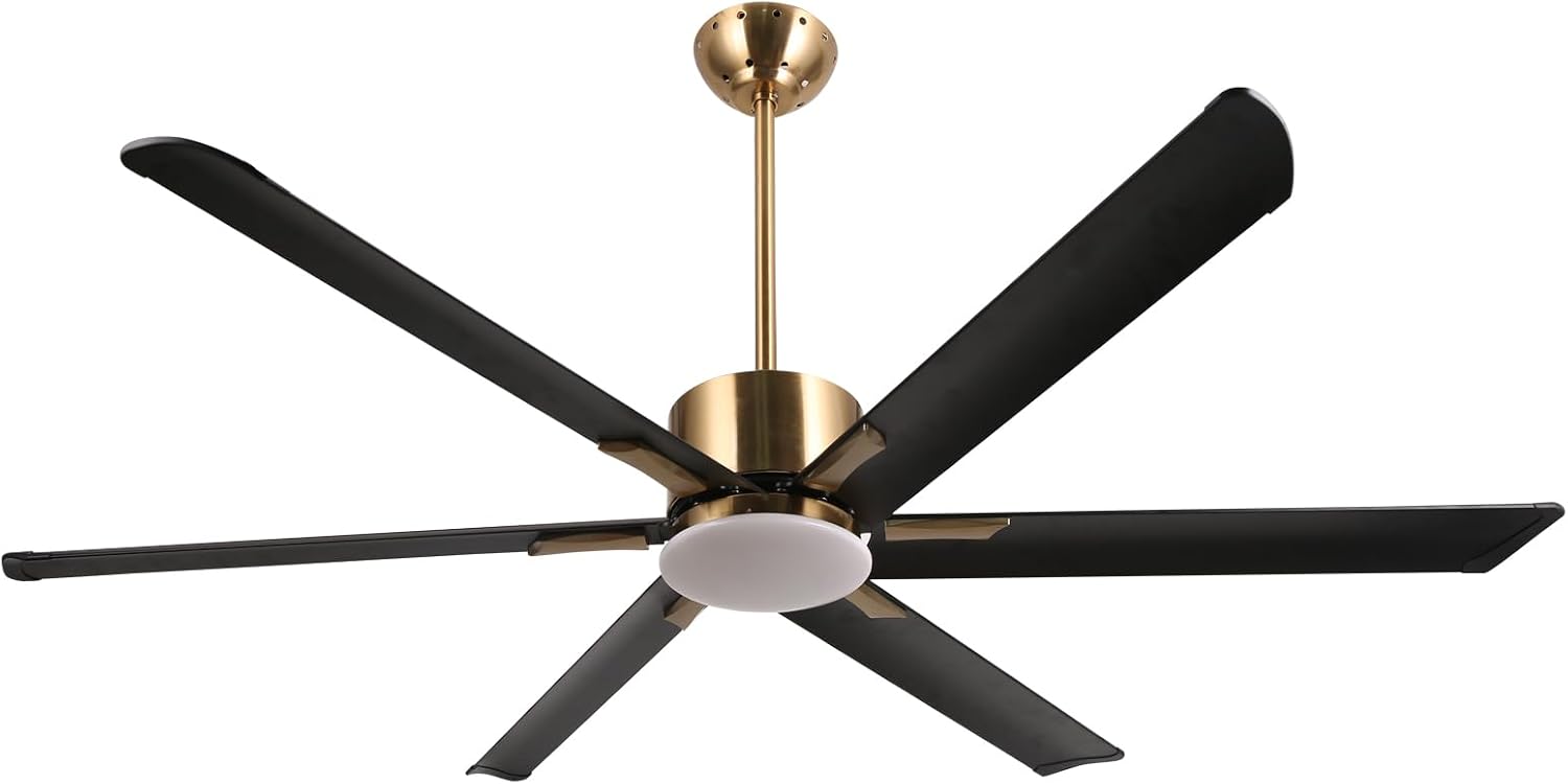 reiga 72' Indoor Outdoor Black Gold 6 Aluminum Metal Blades Extra Large Modern DC Ceiling Fan with Dimming LED Light Kit, 6 Speeds, Timer, Reversible Airflow Motor for Garage, Patio, Living Room
