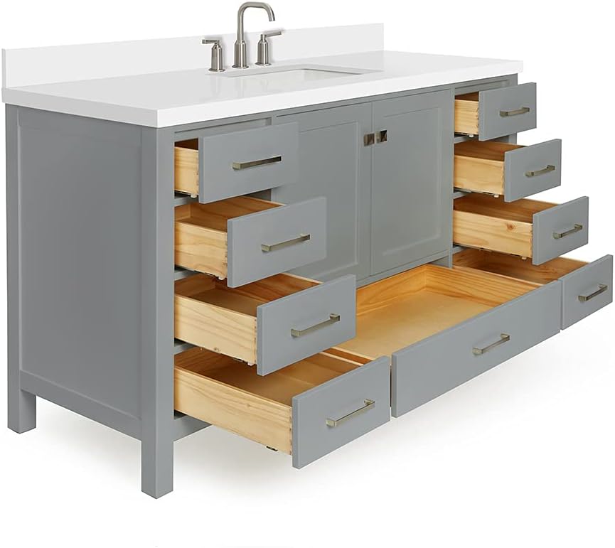 ARIEL Cambridge 60-inch Bathroom Vanity with Sink,Solid Wood, 1.5-inch Pure White Quartz Countertop & Backsplash, Single Rectangular Porcelain Sink, 2 Soft Closing Doors, 9 Dovetail Drawers, Grey