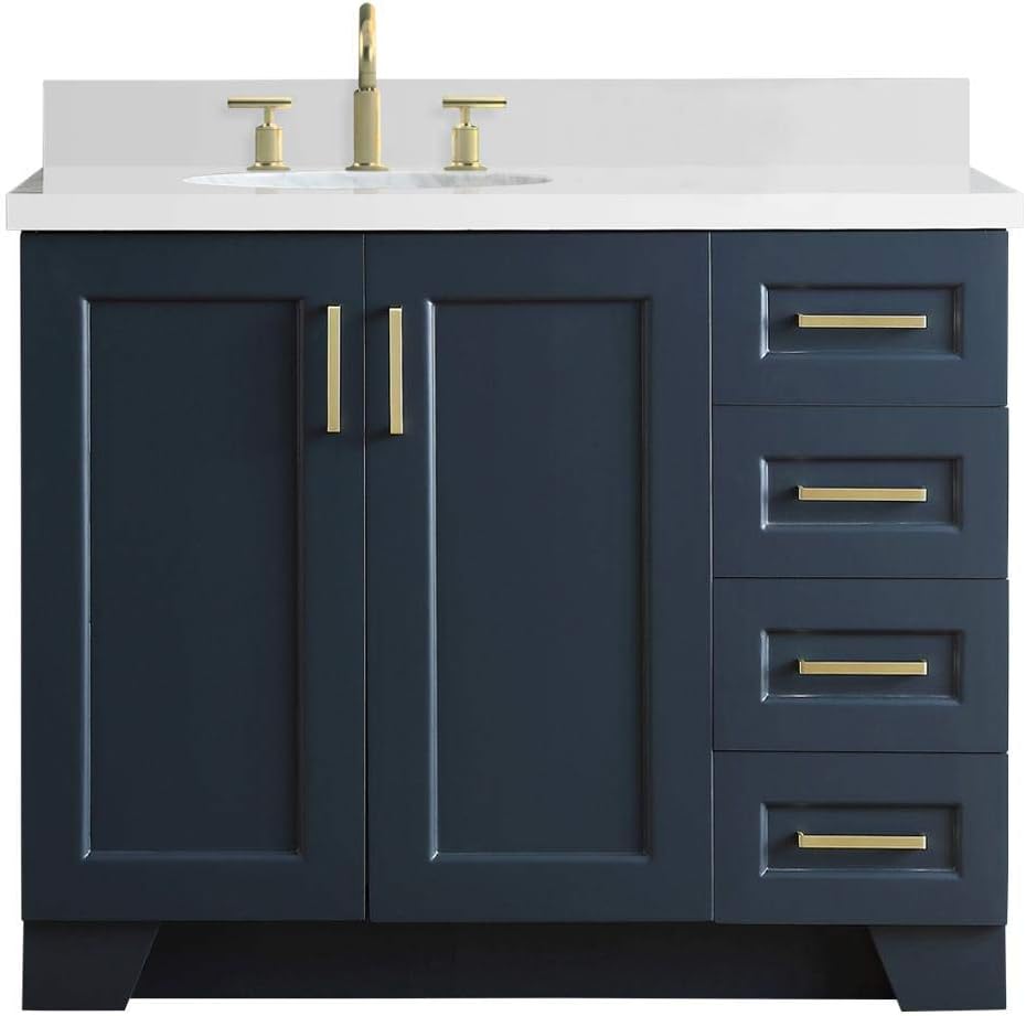 ARIEL Taylor 42-inch Bathroom Vanity with Sink,Solid Wood, 1.5-inch Pure White Quartz Countertop & Backsplash, Single Oval Porcelain Sink, 2 Soft Closing Doors, 5 Dovetail Drawers, Midnight Blue