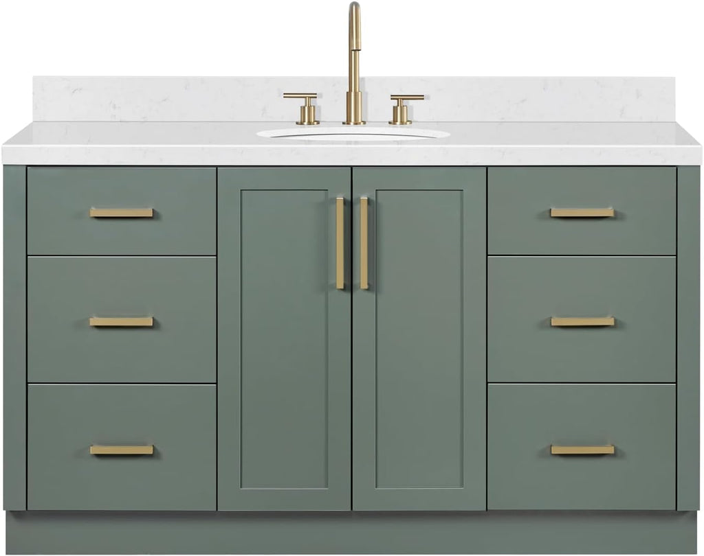 ARIEL Loren 60-inch Bathroom Vanity with Sink,Solid Wood, 1.5-inch Carrara White Quartz Countertop, Single Oval Porcelain Sink, 2 Soft Closing Doors, 7 Dovetail Drawers, Vintage Green