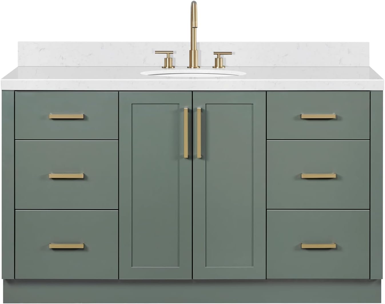 ARIEL Loren 60-inch Bathroom Vanity with Sink,Solid Wood, 1.5-inch Carrara White Quartz Countertop, Single Oval Porcelain Sink, 2 Soft Closing Doors, 7 Dovetail Drawers, Vintage Green