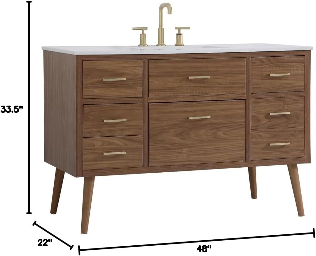 48' Pre-Assembled Bathroom Vanity with Sink, Engineered Wood, Ivory White Engineered Marble Countertop Attached, Single Rectangle Porcelain Sink, 7 Soft-Close Drawers, Walnut Brown