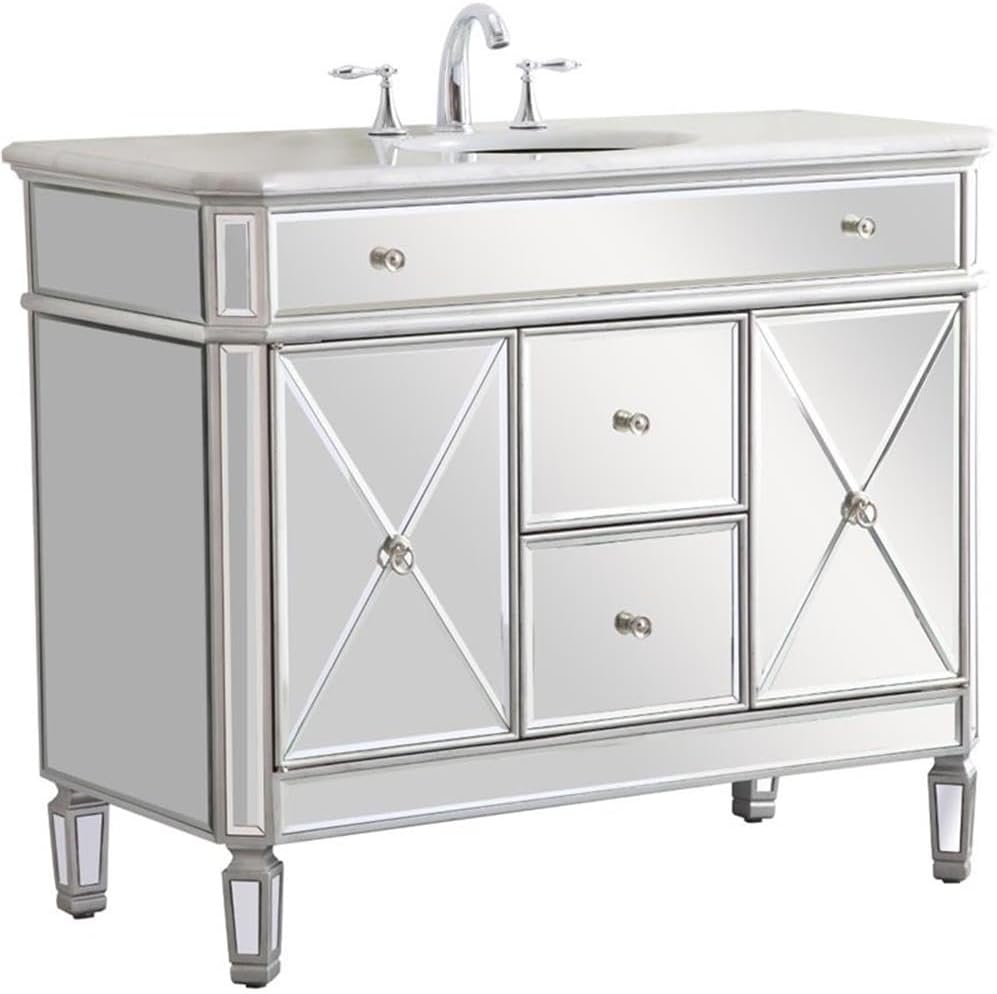 Pemberly Row 42' Marble Top Mirrored Bathroom Vanity, Antique Silver Finish, Rubberwood and MDF Base, Carrara White Marble Countertop, Porcelain Sink, Soft Close Drawers, 2 Doors, Free-Standing Design