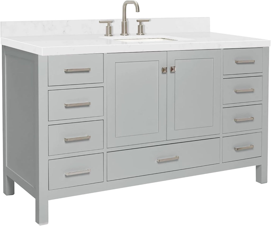 ARIEL Cambridge 60-inch Bathroom Vanity with Sink,Solid Wood, 1.5-inch Carrara White Quartz Countertop, Single Rectangular Porcelain Sink, 2 Soft Closing Doors, 9 Dovetail Drawers, Grey