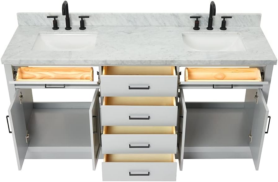 DKB Isabella 72 Inch Bathroom Vanity Double Sink — Grey Bathroom Vanity with Sink, 1.5' Edge Italian Carrara Marble Countertop & Backsplash, 4 Soft-Close Doors, 4 Dovetail Drawers, and 2 Tilt Drawers