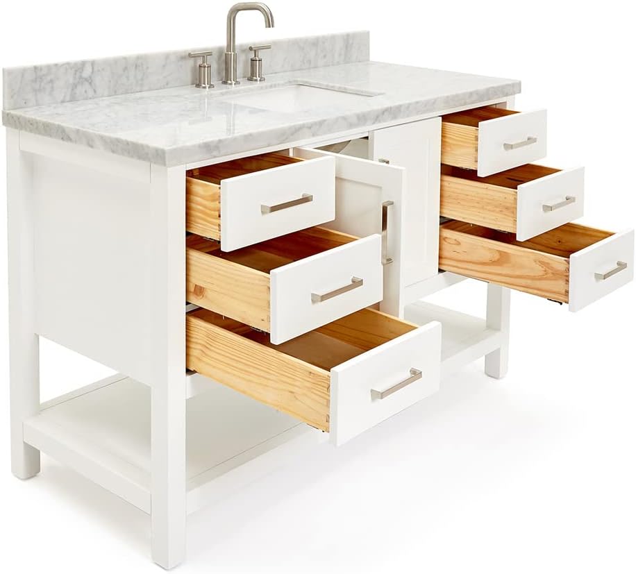 ARIEL Magnolia 54-inch Bathroom Vanity with Sink,Solid Wood, 1.5-inch Italian Carrara Marble Countertop, Single Rectangular Porcelain Sink, Soft Closing Doors, Dovetail Drawers, White