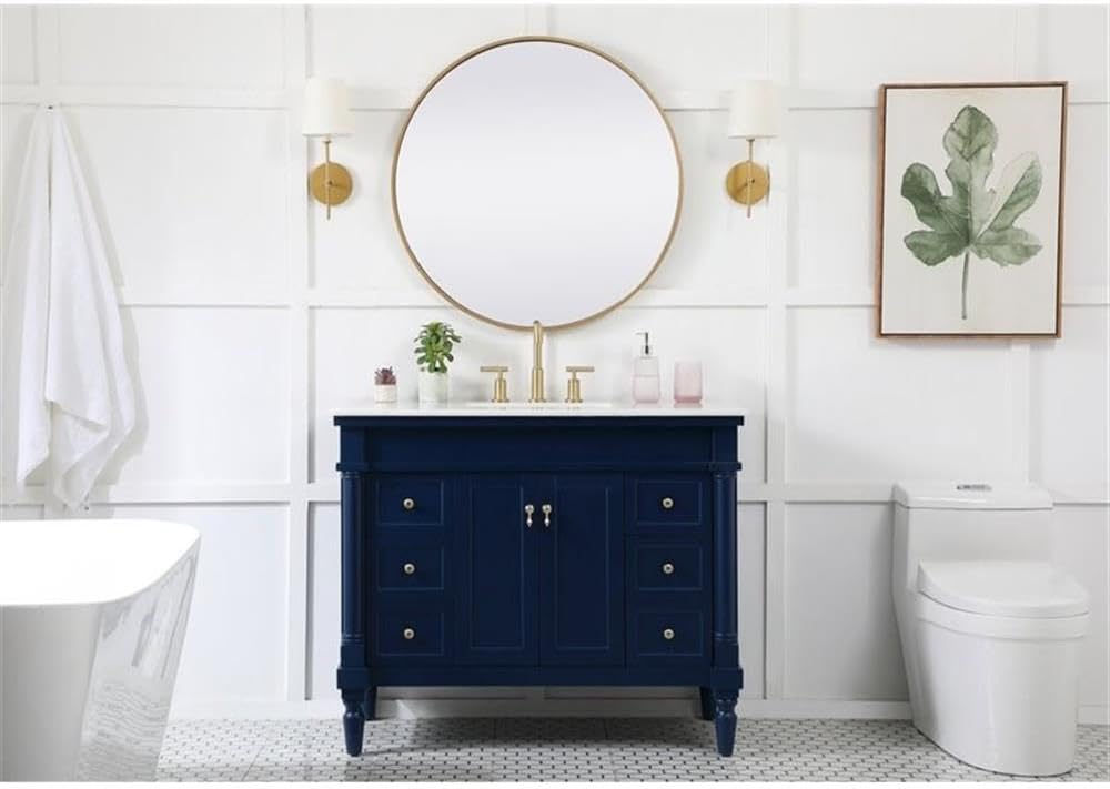 Pemberly Row Traditional 42' Solid Wood Bathroom Vanity, Blue Finish, Off White Marble Top, Porcelain Sink, 6 Soft Closing Drawers, Gold Hardware, Rectangle Design for Bathroom or Powder Room