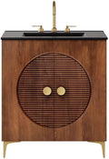 Modway Vernon 30' Fluted Wood Bathroom Vanity in Walnut Black with Ceramic Sink – Mid-Century Modern Freestanding Vanity with Integrated Sink and Countertop