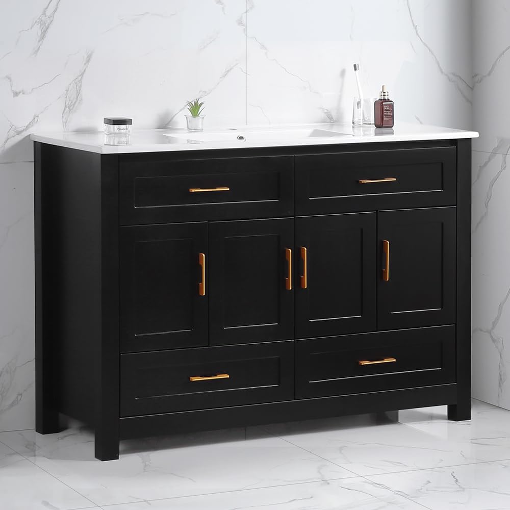 LUMISOL 48 Inch Bathroom Vanity with Ceramic Sink, Modern Wood Bathroom Cabinet with 4 Soft-Close Doors & 4 Drawers, Large Freestanding Single Vanity with Ceramic Sink, Black
