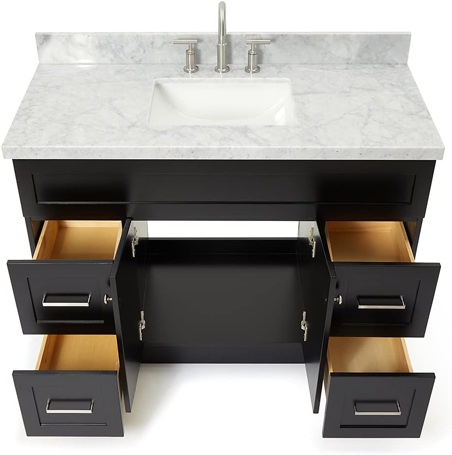 ARIEL Hamlet 48-inch Bathroom Vanity with Sink,Solid Wood, 1.5-inch Italian Carrara Marble Countertop, Single Rectangular Porcelain Sink, 2 Soft Closing Doors, 4 Dovetail Drawers, Black