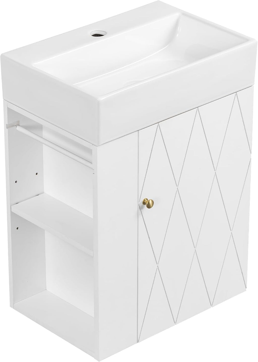20' Floationg Wall-Mounted Bathroom Vanity with Ceramic Sink, Adjustable Shelf, Toilet Paper Holder, Modern Style, Door with Diamond Design, White